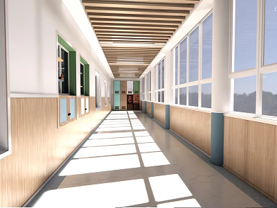 Spacious Bright Elevator Corridor With Large Windows Wooden Ceiling And Natural Light 3d model