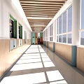 Spacious Bright Elevator Corridor With Large Windows Wooden Ceiling And Natural Light