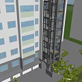 Tall Modern Residential Building with Glass Facade and Green Landscaping Along Driveway and Garage Entrances