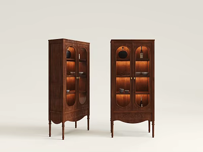 Two Classic Wooden Wine Cabinets With Glass Doors Holding Wine Bottles And Glasses 3d model