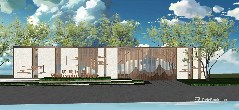 Scenic Feature Wall With Wooden Panels Green Trees Blue Sky And Paved Ground 3d model 