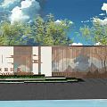 Scenic Feature Wall With Wooden Panels Green Trees Blue Sky And Paved Ground