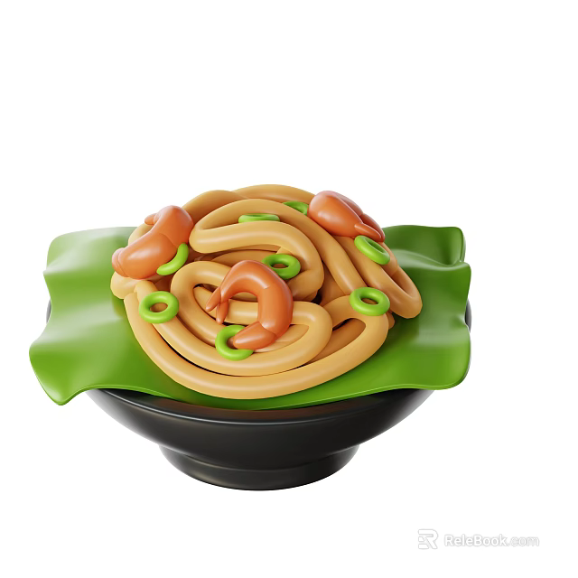 Delicious Udon Noodles With Fresh Shrimp And Green Garnish In Black Bowl On Green Leaf 3d model 