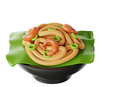 Delicious Udon Noodles With Fresh Shrimp And Green Garnish In Black Bowl On Green Leaf 3d model