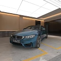 Blue Sports Coupe With Front Headlights In Modern Illuminated Garage And Yellow Parking Lines