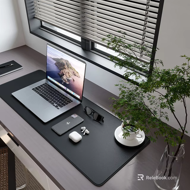 Organized Office Desk Setup With Laptop Phone Glasses Earbuds And Green Plant By Window 3d model 