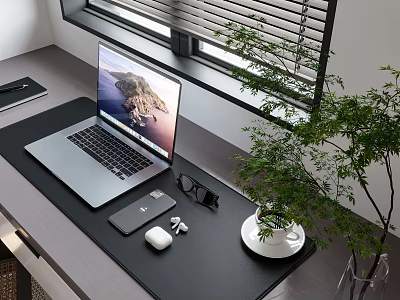 Organized Office Desk Setup With Laptop Phone Glasses Earbuds And Green Plant By Window 3d model