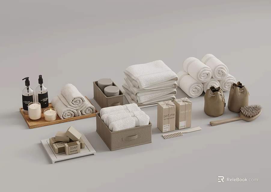 Washing Daily Essentials Collection Including Towels Soap Bottles Storage Boxes And Brushes 3d model 