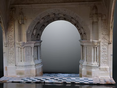 Stone Archway Structure With Carved Pillars And Checkered Floor Design 3d model