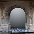 Stone Archway Structure With Carved Pillars And Checkered Floor Design 3d model