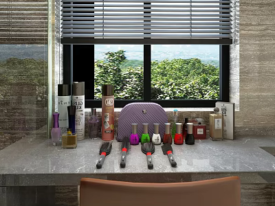 Perfume Cosmetics On Marble Dressing Table With Purple Pouch Makeup Brushes And Green Plants By Window 3d model