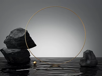 Minimalist Commercial Landscape With Golden Circular Ring Black Rocks Water Reflection And Golden Sphere 3d model