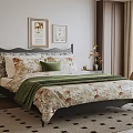 Cozy Bedroom Interior With Dark Headboard Floral Comforter Green Throw Framed Artwork And Geometric Rug