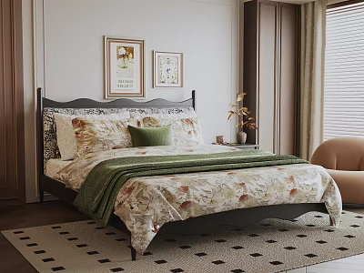 Cozy Bedroom Interior With Dark Headboard Floral Comforter Green Throw Framed Artwork And Geometric Rug 3d model