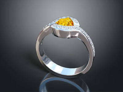 Elegant Silver Ring With Heart Shaped Yellow Gemstone And Small Diamonds 3d model
