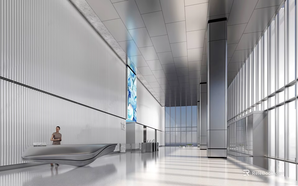 Modern Streamlined Reception Desk Area With Person Working Bright Lighting And Glass Curtain Walls 3d model 