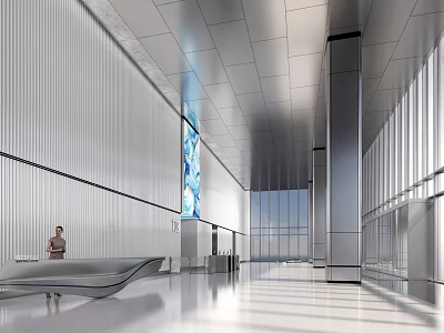 Modern Streamlined Reception Desk Area With Person Working Bright Lighting And Glass Curtain Walls 3d model
