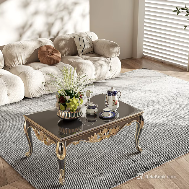 Elegant Coffee Table Gold Trim Black Glass Top And Flower Tea Set In Living Room 3d model 