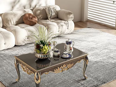 Elegant Coffee Table Gold Trim Black Glass Top And Flower Tea Set In Living Room 3d model