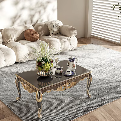 Elegant Coffee Table Gold Trim Black Glass Top And Flower Tea Set In Living Room 3d model