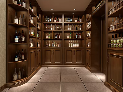 Luxury Wine Cellar Interior With Wooden Cabinets And Numerous Wine Bottles 3d model