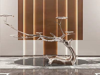 Silver Branch Like Sculpture With Brown Vertical Striped Wall And Marble Floor 3d model