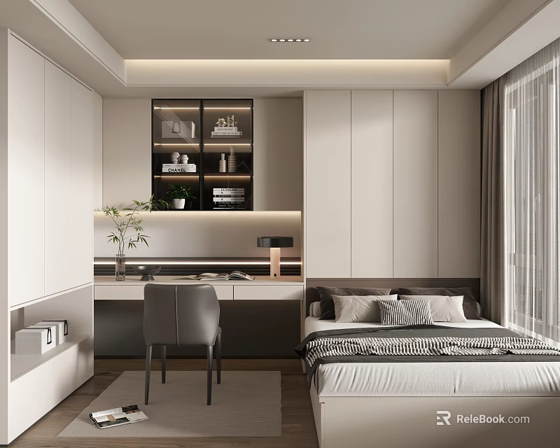 Modern Tatami Bedroom Interior With White Cabinets Desk Chair Bookshelf Plants And Window Curtains 3d model 