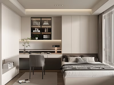 Modern Tatami Bedroom Interior With White Cabinets Desk Chair Bookshelf Plants And Window Curtains 3d model