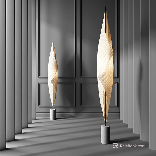 Two Modern Floor Lamps With Geometric Design On Dark Striped Wall With Shadow Effect 3d model 
