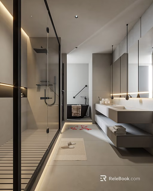 Modern Minimalist Luxury Bathroom With Double Sink Vanity Glass Shower Freestanding Bathtub And Soft Lighting 3d model 