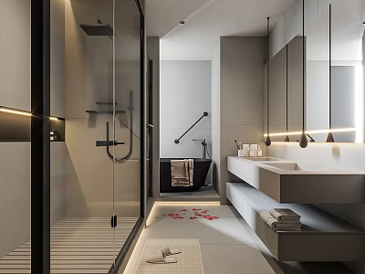 Modern Minimalist Luxury Bathroom With Double Sink Vanity Glass Shower Freestanding Bathtub And Soft Lighting 3d model