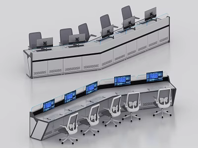 Modern Console Desk Setup With Multiple Screens And Ergonomic Chairs 3d model