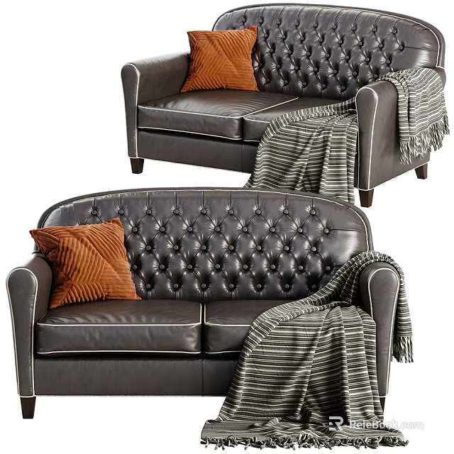 Two Seater Leather Sofa With Tufted Design Orange Pillow And Striped Blanket 3d model 