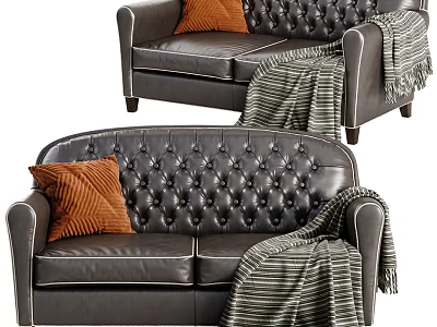 Two Seater Leather Sofa With Tufted Design Orange Pillow And Striped Blanket 3d model