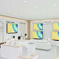 Modern Retail Interior With White Display Tables Large Screens And Products