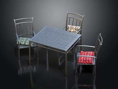 Square Metal Dining Table Set with Four Chairs and Colorful Seat Cushions 3d model