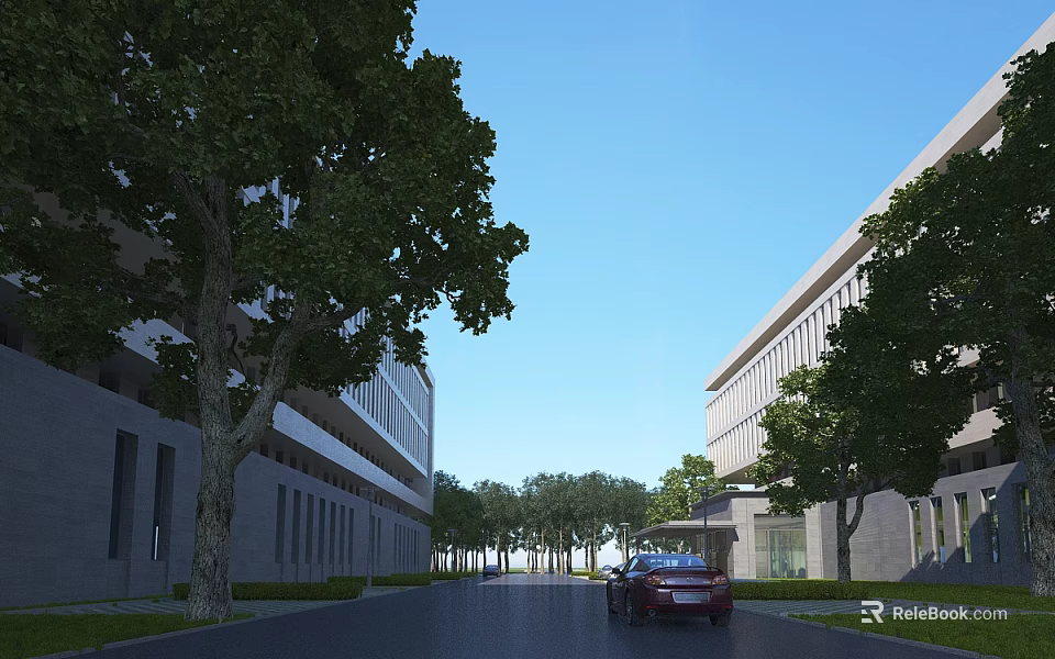 Modern Office Building Complex With Trees Road And Red Car In Landscaped Area 3d model 