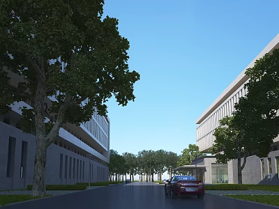 Modern Office Building Complex With Trees Road And Red Car In Landscaped Area 3d model