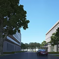 Modern Office Building Complex With Trees Road And Red Car In Landscaped Area