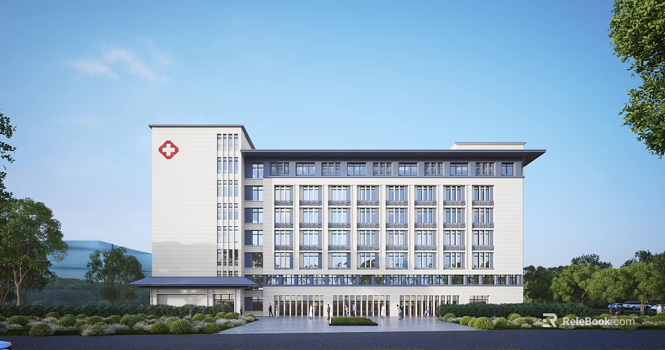 Modern Hospital Building Exterior With Red Cross Symbol And Landscaped Entrance 3d model 