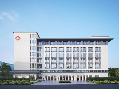 Modern Hospital Building Exterior With Red Cross Symbol And Landscaped Entrance 3d model
