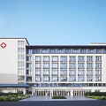 Modern Hospital Building Exterior With Red Cross Symbol And Landscaped Entrance