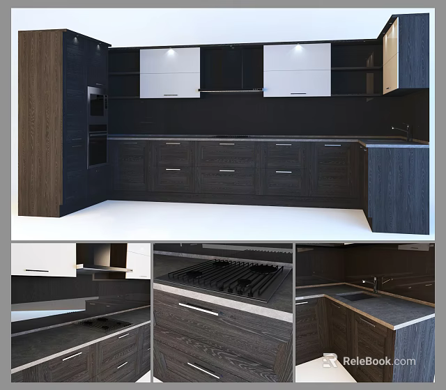 Modern Kitchen Interior With Dark Wooden Cabinets Black Countertop And White Storage 3d model 