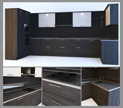 Modern Kitchen Interior With Dark Wooden Cabinets Black Countertop And White Storage 3d model