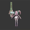 3D Game Character in Maid Outfit with Blonde Hair Pink Accents and Large Mechanical Weapon