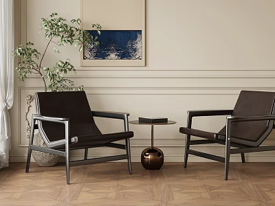 Stylish Accent Chairs With Metal Frame Near Small Round Table Plant Beige Wall Wooden Floor 3d model