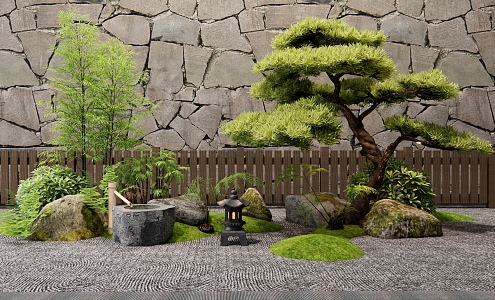 New Chinese Style Courtyard Micro Landscape Stone Pine Plant Combination Landscape Fern Green Plant 3d model