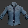Fashionable Blue Denim Shirt With Tie Badges And Rolled Cuffs Design