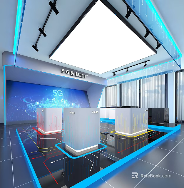 5G Exhibition Hall With Modern Tech Display Booths And Blue Lighting 3d model 