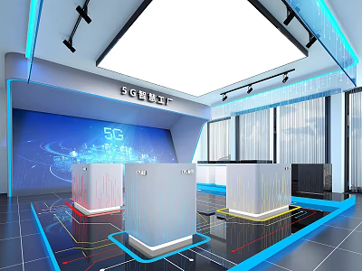 5G Exhibition Hall With Modern Tech Display Booths And Blue Lighting 3d model